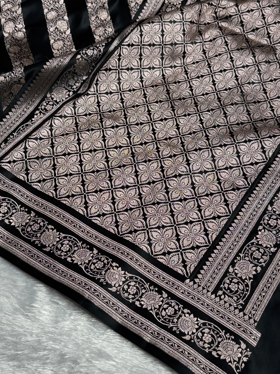 Banarasi Mashru Satin Silk Saree Cross Pattern Black Shades MSK13
