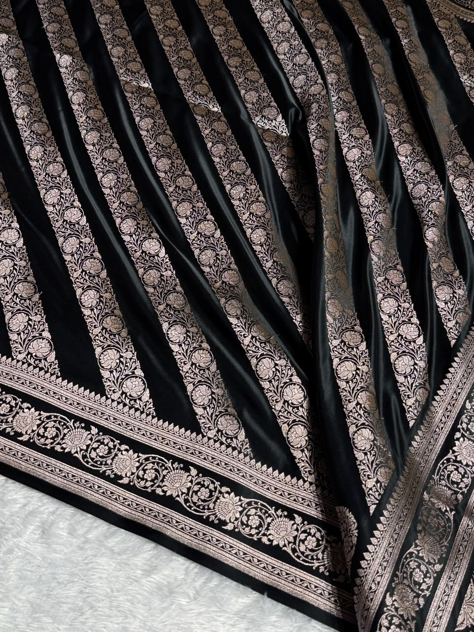Banarasi Mashru Satin Silk Saree Cross Pattern Black Shades MSK13