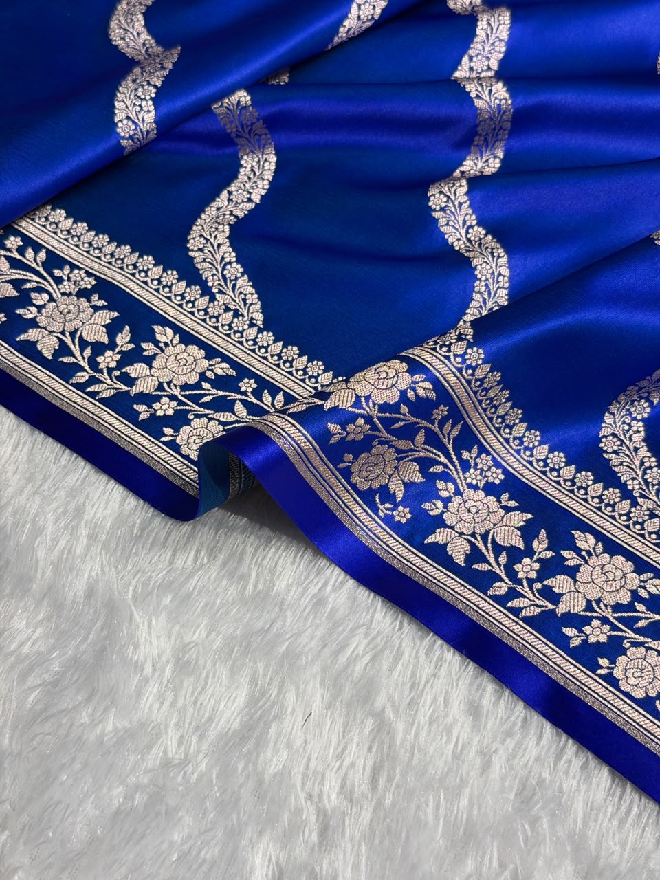 Banarasi Mashru Satin Silk Saree Cross Pattern Royal Blue Shades MSK12