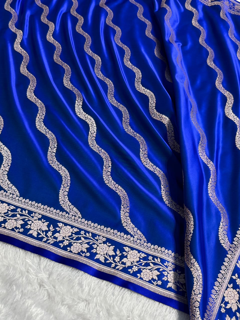 Banarasi Mashru Satin Silk Saree Cross Pattern Royal Blue Shades MSK12