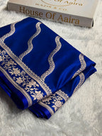 Banarasi Mashru Satin Silk Saree Cross Pattern Royal Blue Shades MSK12