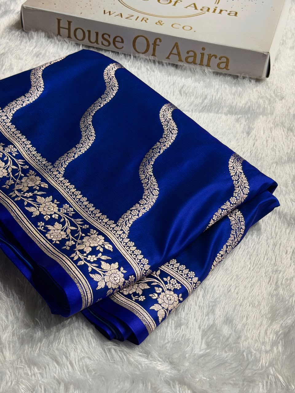Banarasi Mashru Satin Silk Saree Cross Pattern Royal Blue Shades MSK12
