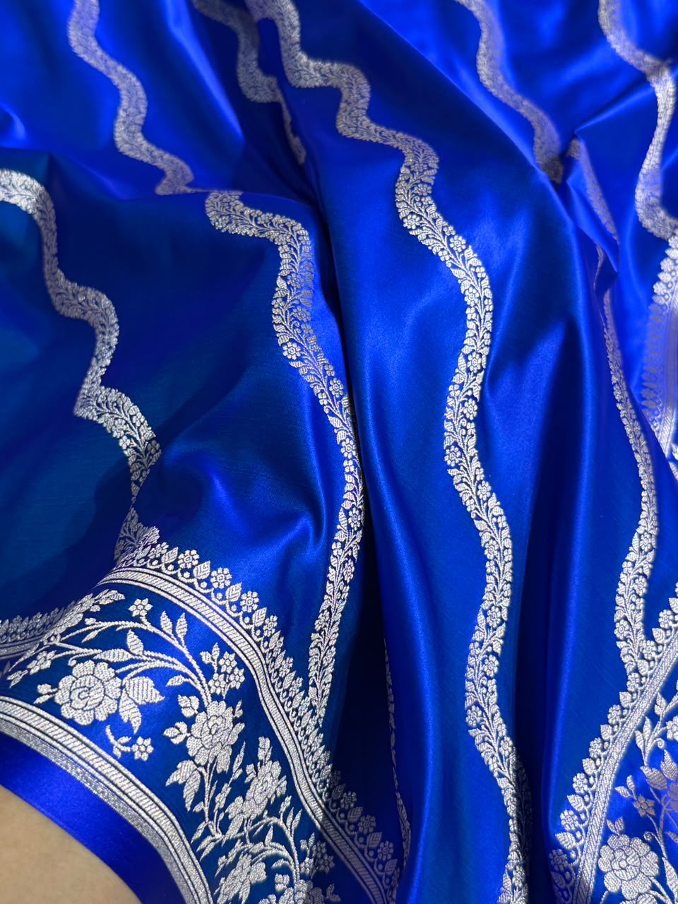 Banarasi Mashru Satin Silk Saree Cross Pattern Royal Blue Shades MSK12