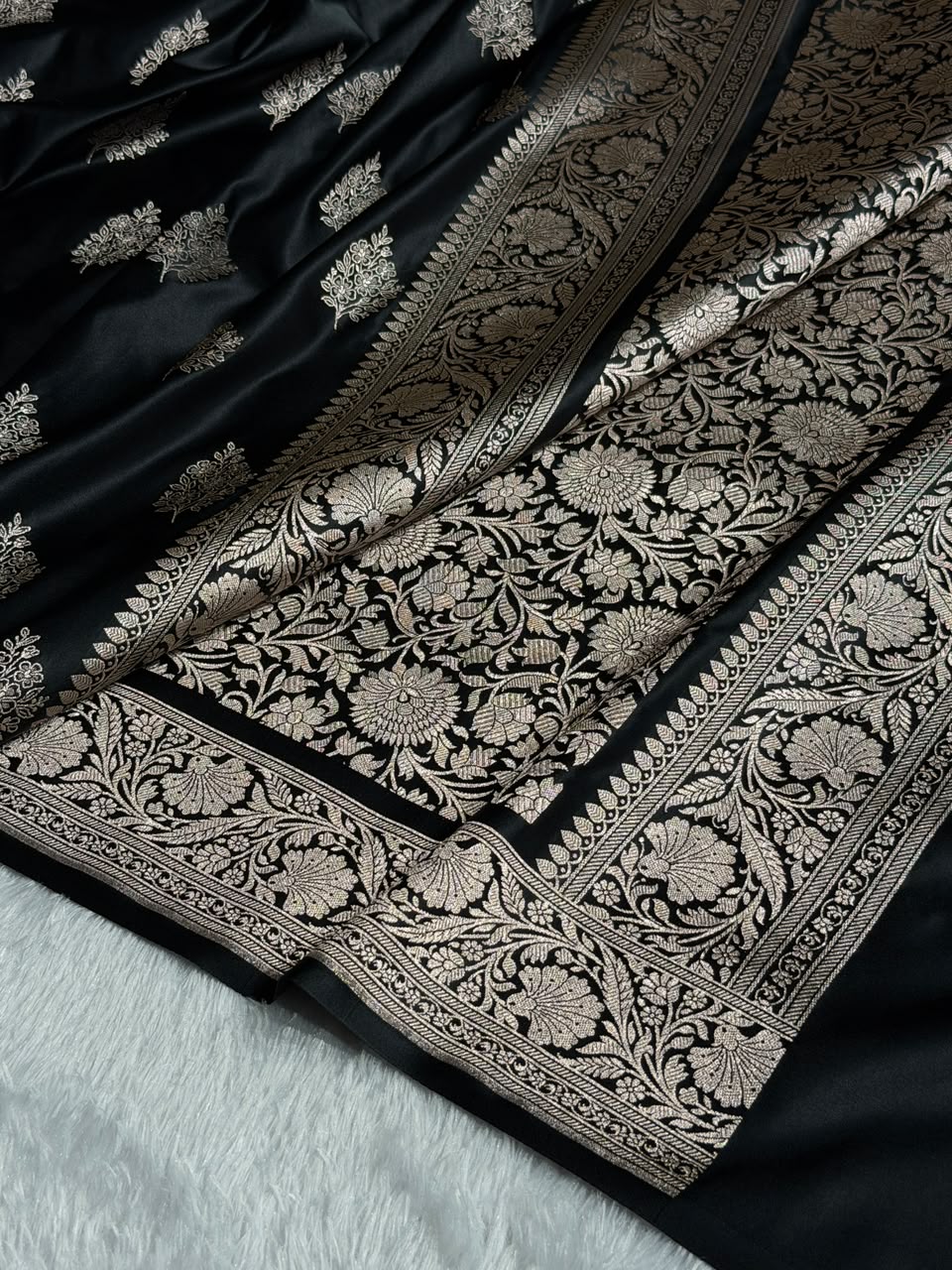 Banarasi Mashru Satin Silk Saree Cross Boota Pattern in Black Shades MSK11