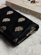 Banarasi Mashru Satin Silk Saree Cross Boota Pattern in Black Shades MSK11