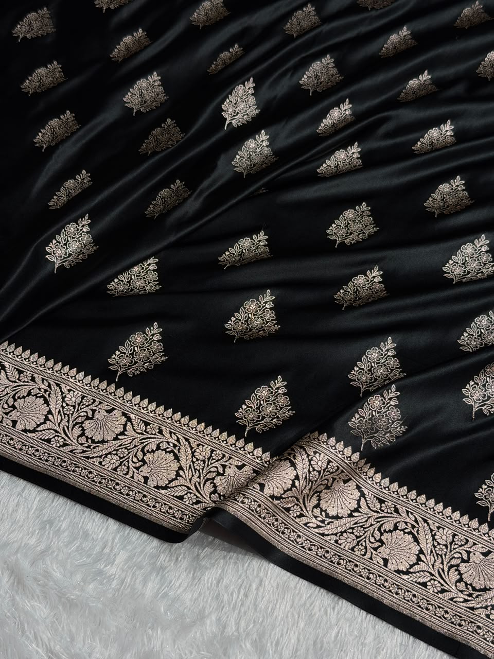 Banarasi Mashru Satin Silk Saree Cross Boota Pattern in Black Shades MSK11