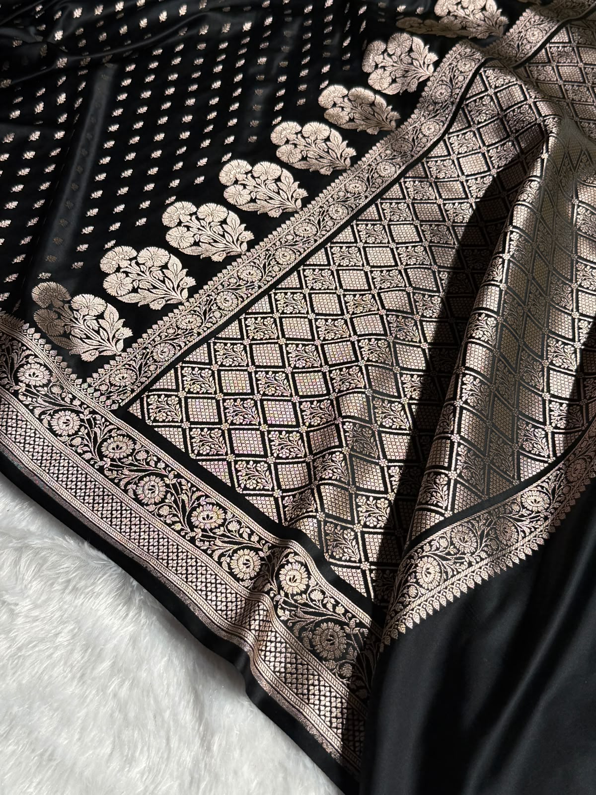Banarasi Mashru Satin Silk Saree Booti Pattern in Black Shades MSK10
