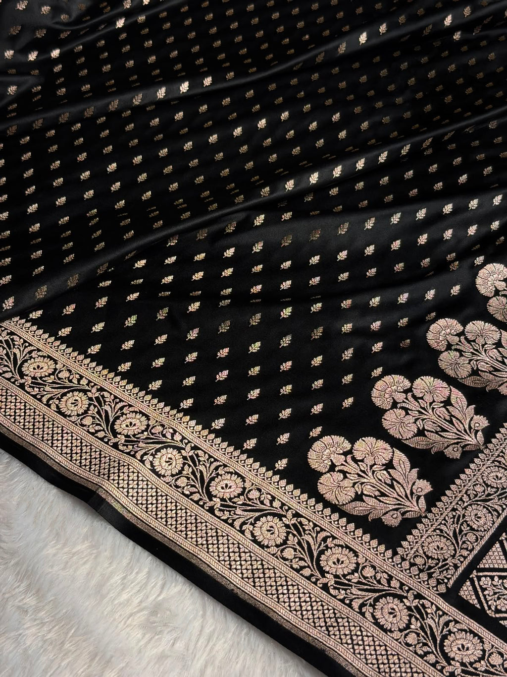 Banarasi Mashru Satin Silk Saree Booti Pattern in Black Shades MSK10