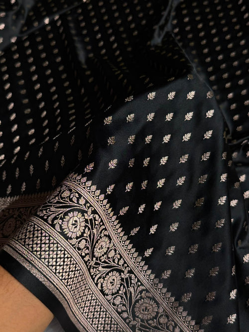 Banarasi Mashru Satin Silk Saree Booti Pattern in Black Shades MSK10