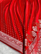 Banarasi Mashru Satin Silk Saree Booti Pattern in Red Shades