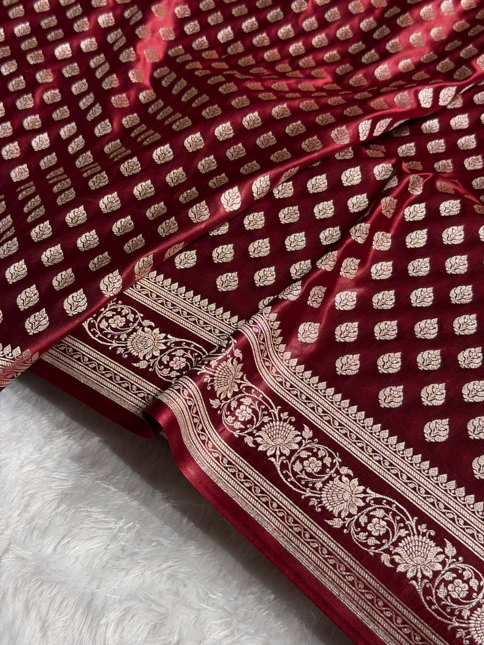 Banarasi Mashru Satin Silk Saree Booti Pattern in Chocolate Shades MSK09