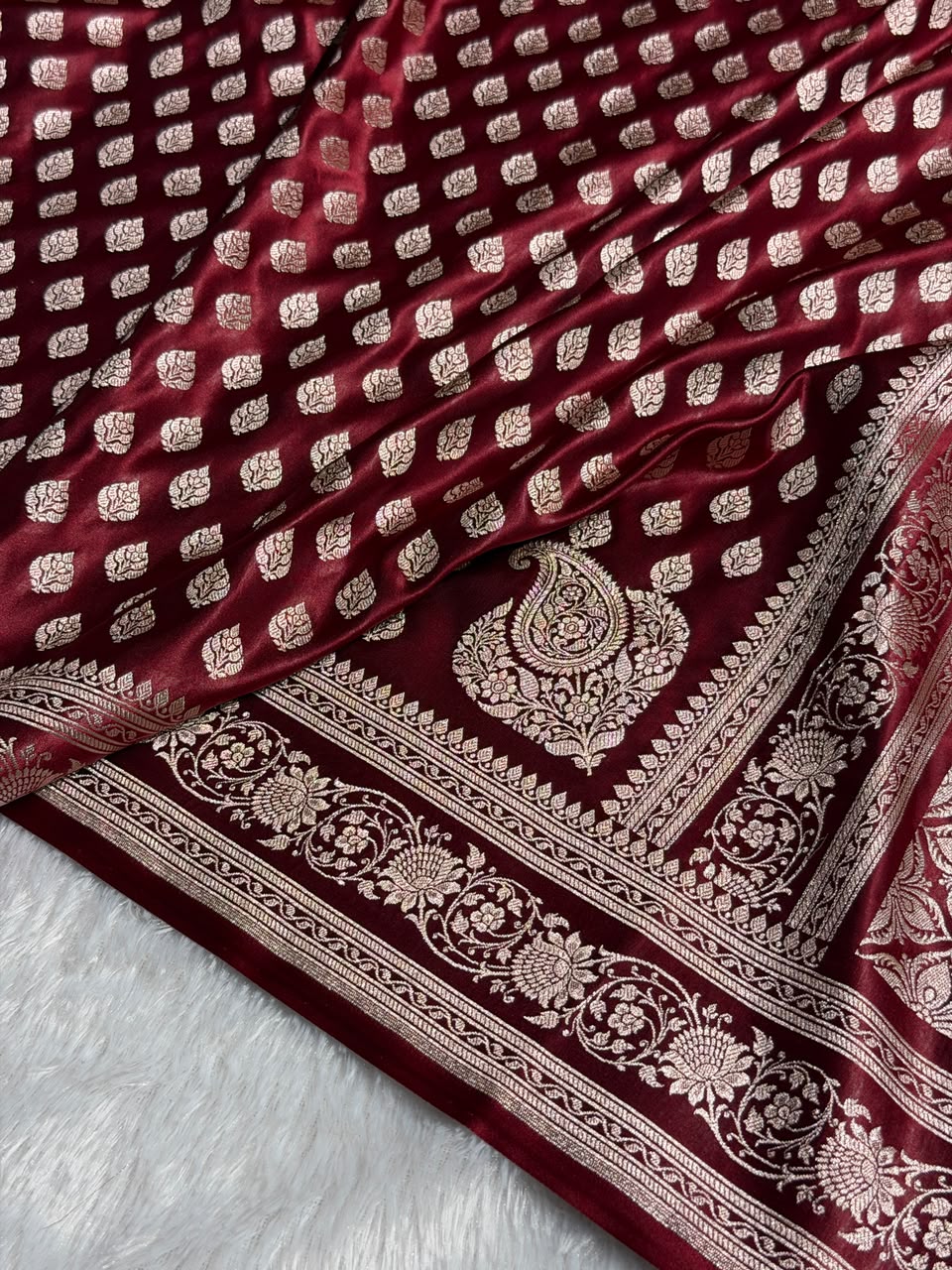 Banarasi Mashru Satin Silk Saree Booti Pattern in Chocolate Shades MSK09