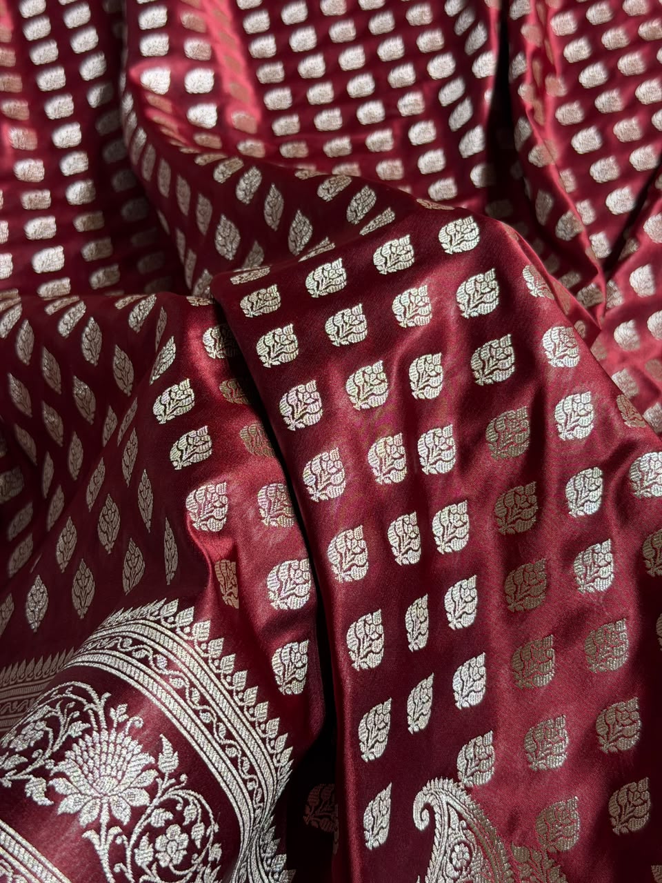 Banarasi Mashru Satin Silk Saree Booti Pattern in Chocolate Shades MSK09