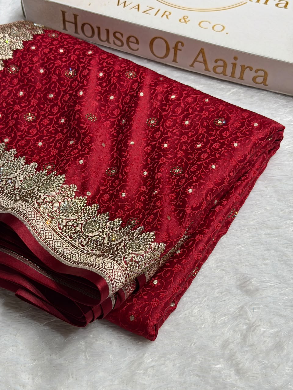 Bridal Banarasi Mashru Satin Silk Saree  Tanchoi Pattern with Swarovski Work In Maroon Shades BMSK07