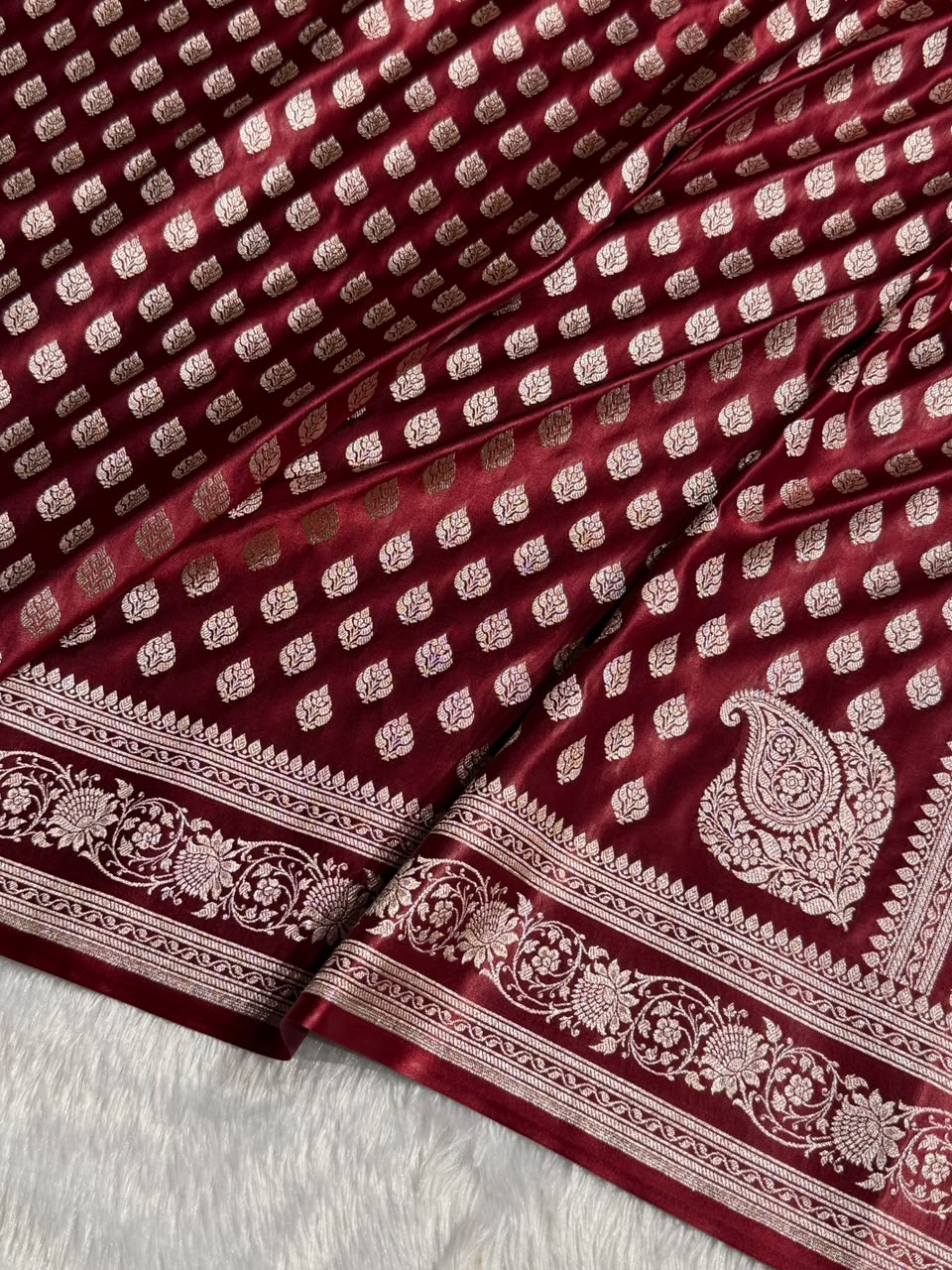 Banarasi Mashru Satin Silk Saree Booti Pattern in Chocolate Shades MSK09