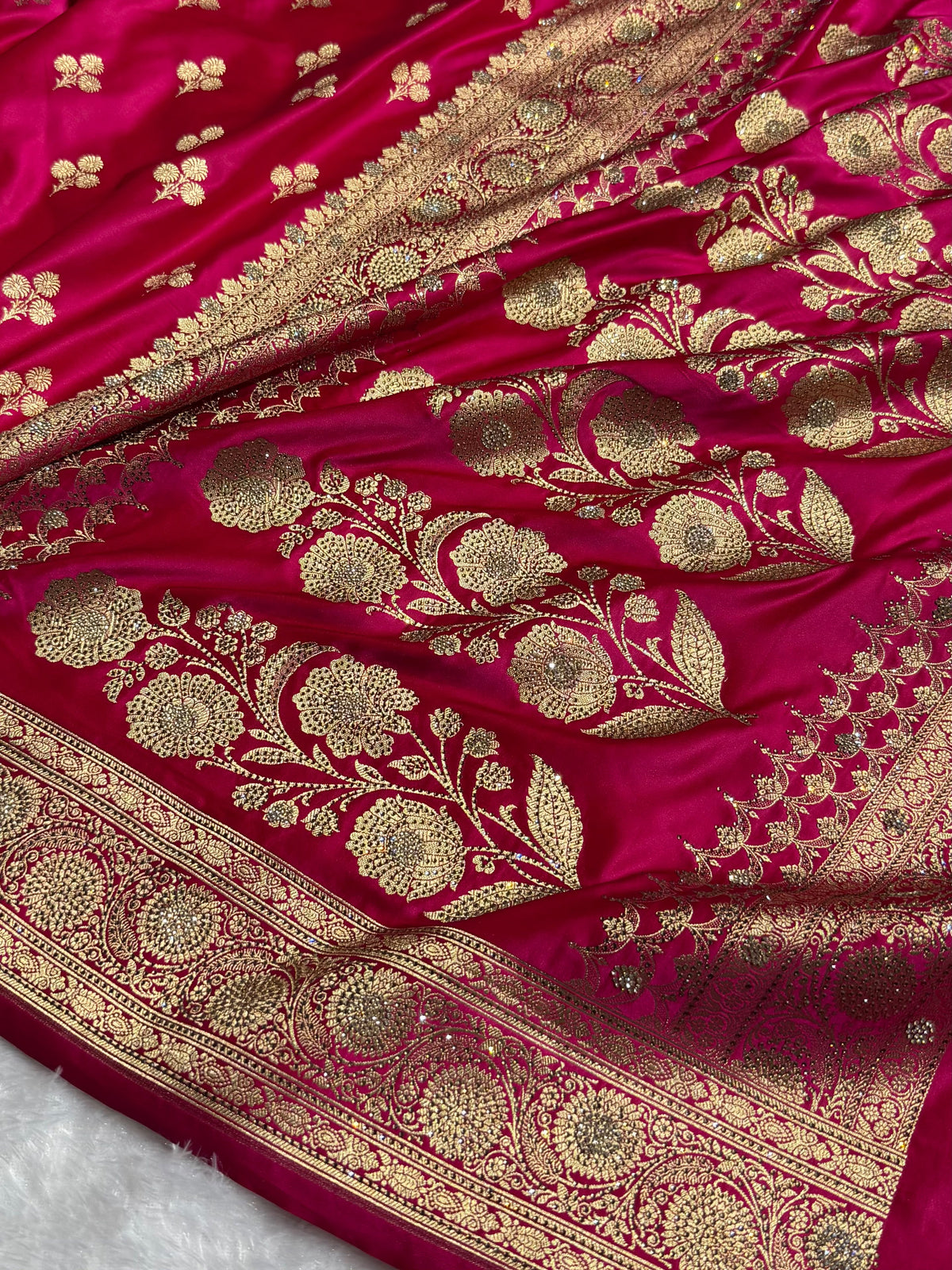 Bridal Banarasi Katan Satin Silk Saree Booti Pattern with Swarovski Work in Rani Pink Shades BSK02