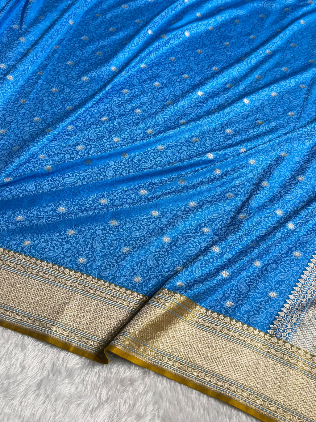 Banarasi Mashru Satin Silk Saree Tanchoi Pattern Contrast Nile Blue with Mustard Shades MSK34