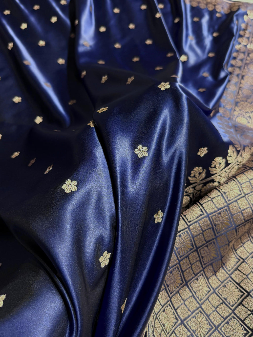 Banarasi Mashru Satin Silk Saree Booti Pattern Navy Blue Shades MSK14