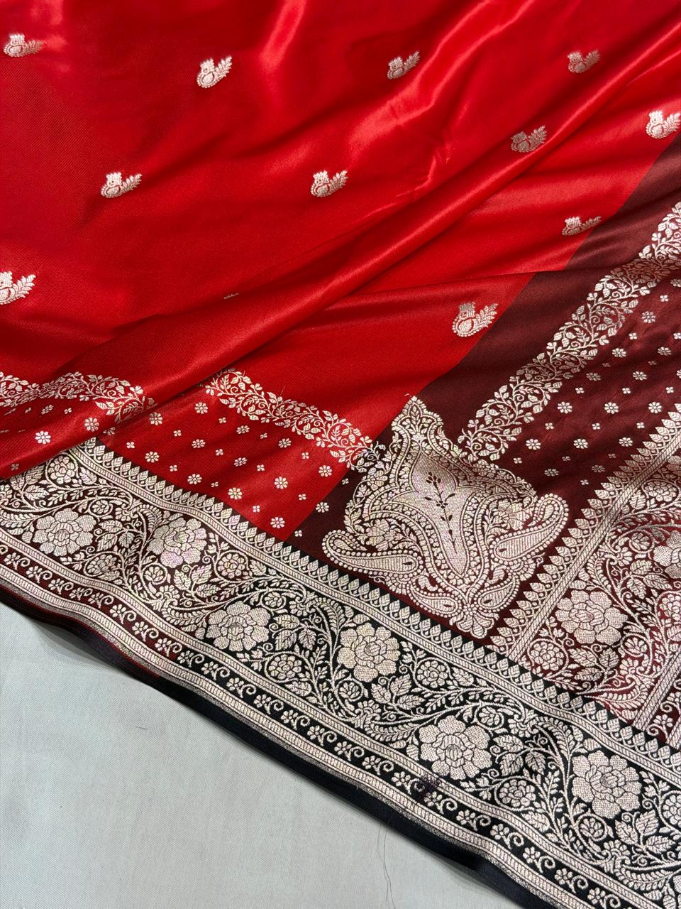 Banarasi Satin Katan Silk Saree Minakari Boota Pattern in Red with Black Shades SK09