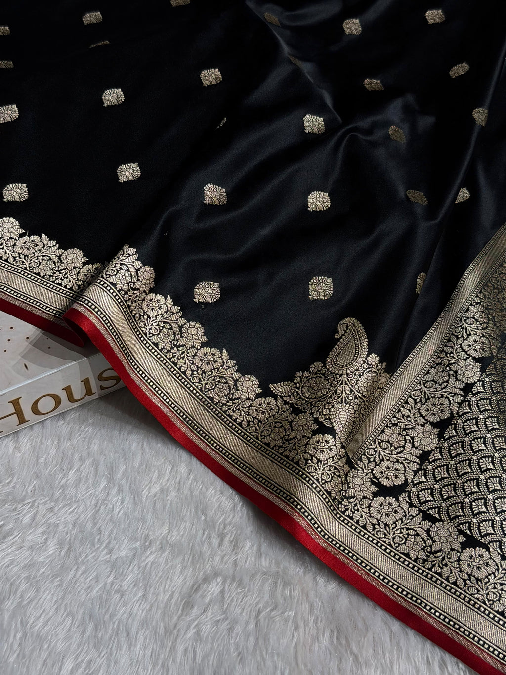 Banarasi Mashru Satin Silk Saree Booti Pattern Black Shades with Red edges MSK28