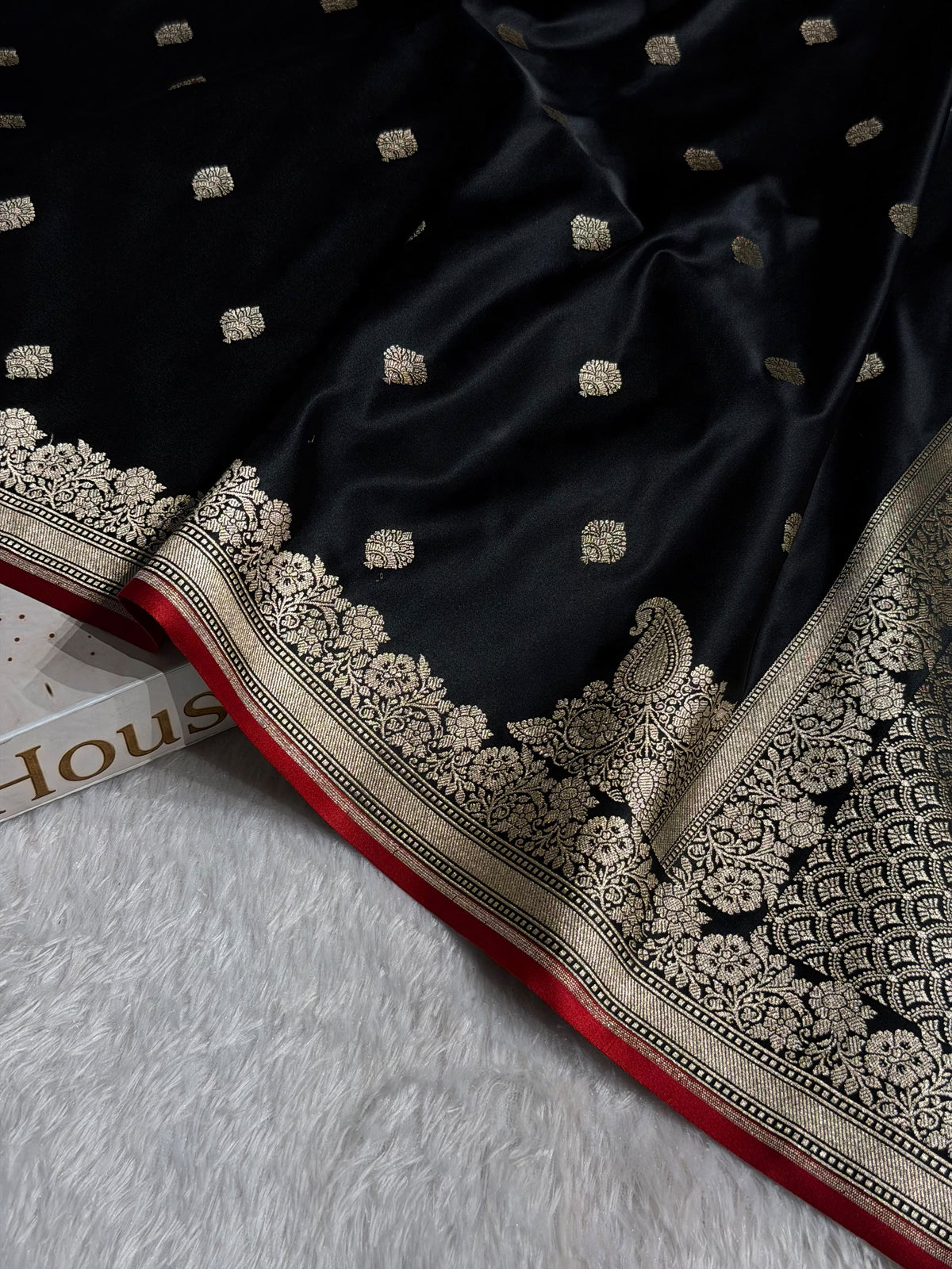 Banarasi Mashru Satin Silk Saree Booti Pattern Black Shades with Red edges MSK28