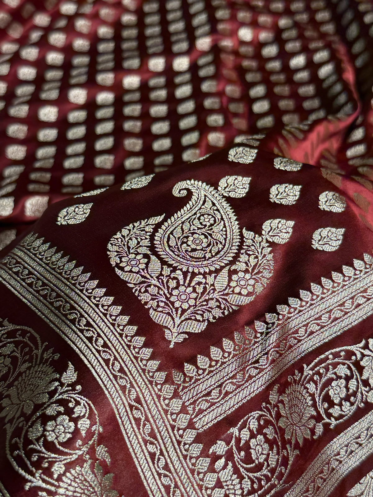 Banarasi Mashru Satin Silk Saree Booti Pattern Garnet Shades MSK16