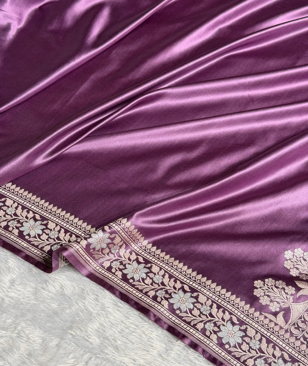Banarasi Mashru Satin Silk Saree Floral Plain Body Mina Pattern In Royal Purple Shades MSC06