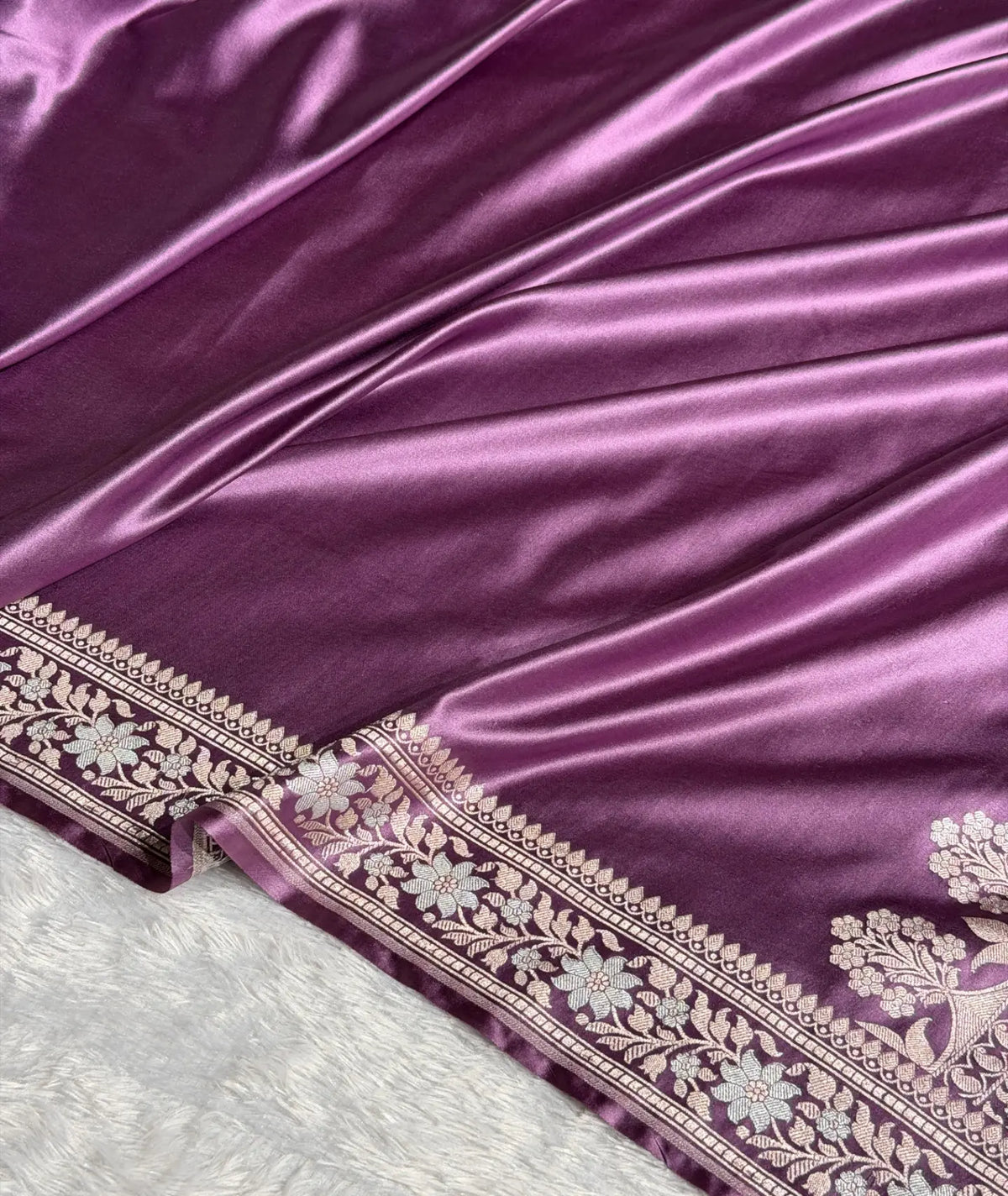 Banarasi Mashru Satin Silk Saree Floral Plain Body Mina Pattern In Royal Purple Shades MSC06