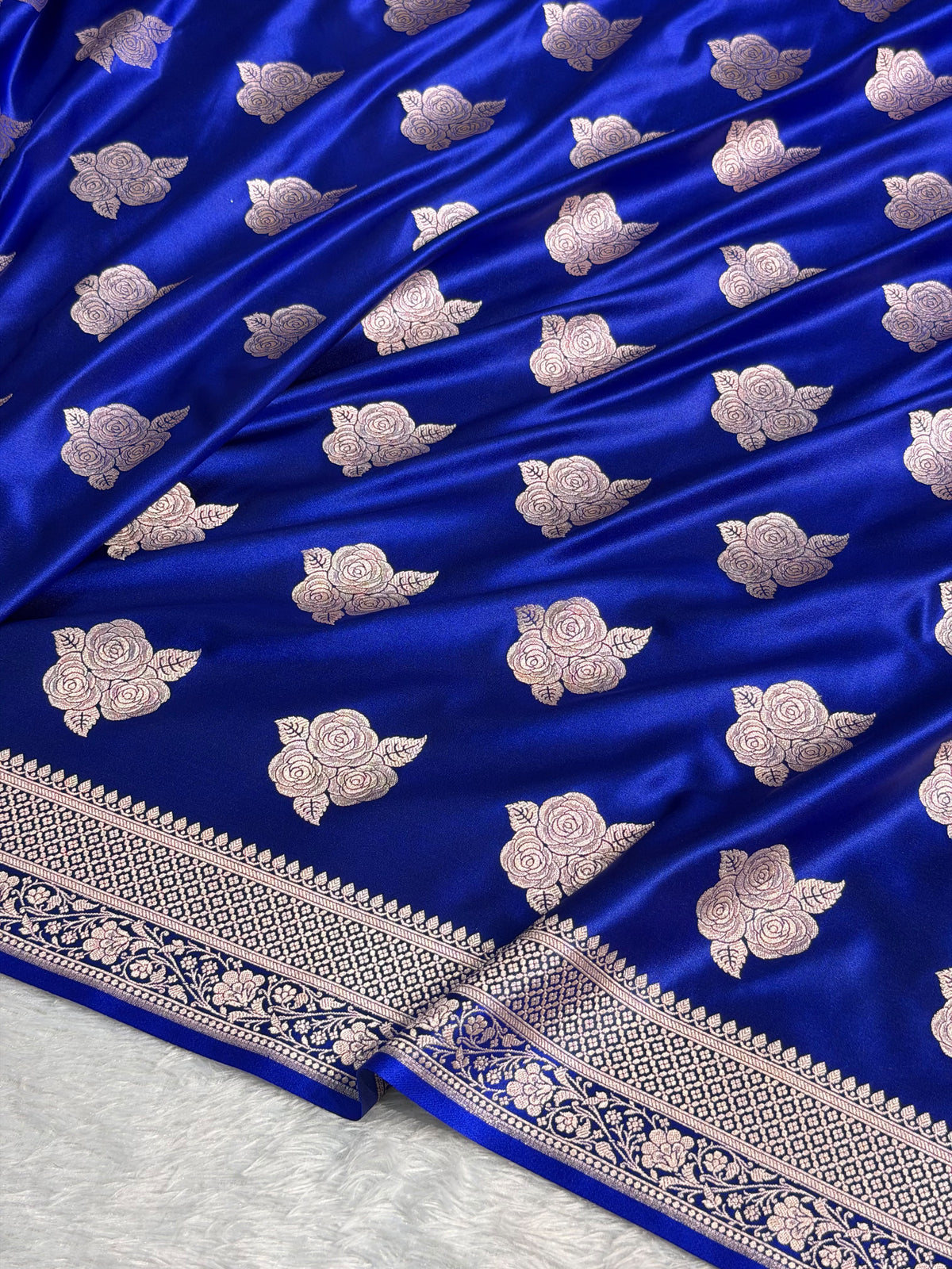 Banarasi Mashru Satin Silk Saree Boota Pattern Royal Blue Shades MSK15