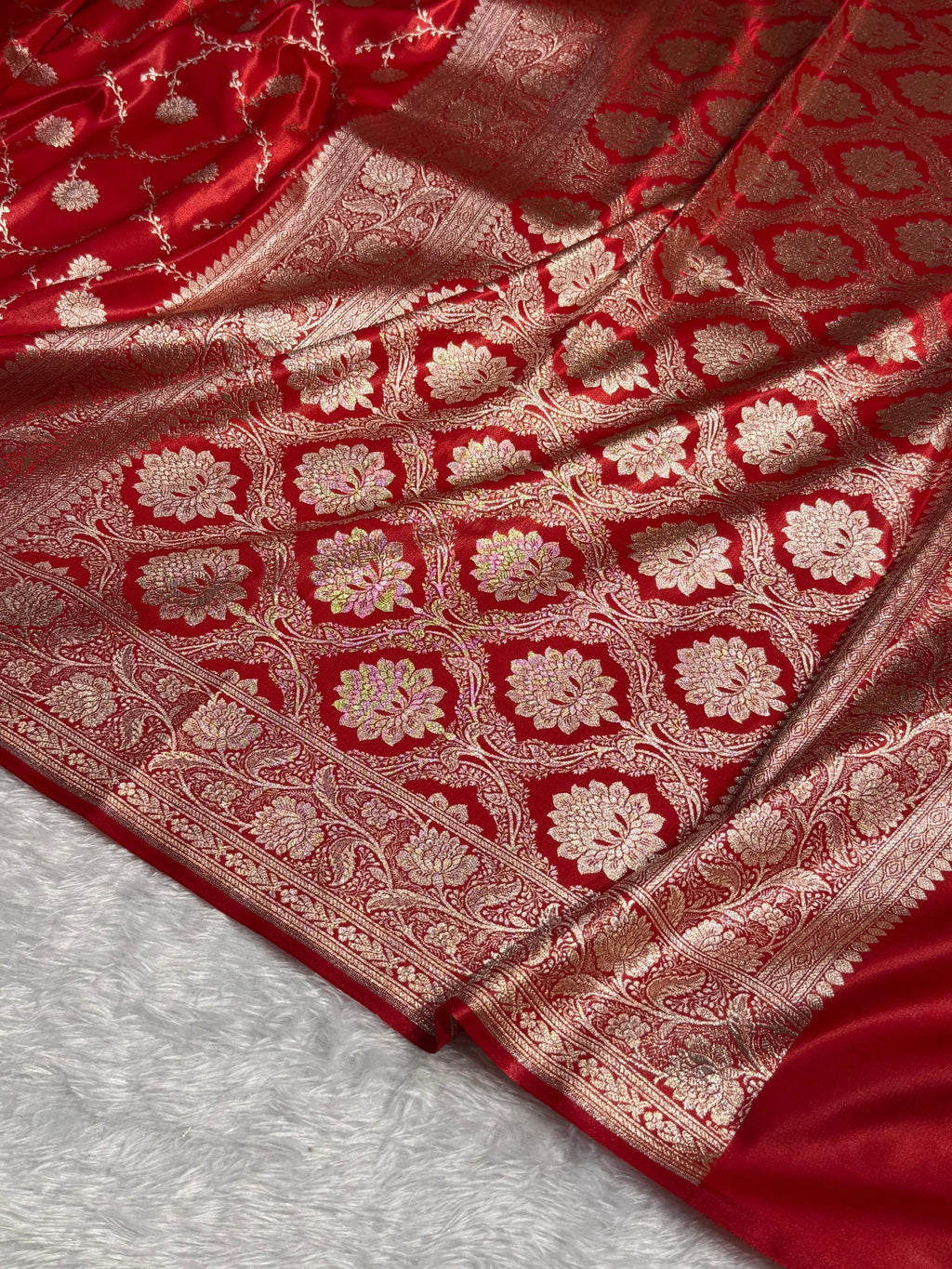 Banarasi Satin Silk Saree Jaal Pattern in Red Shades SS11