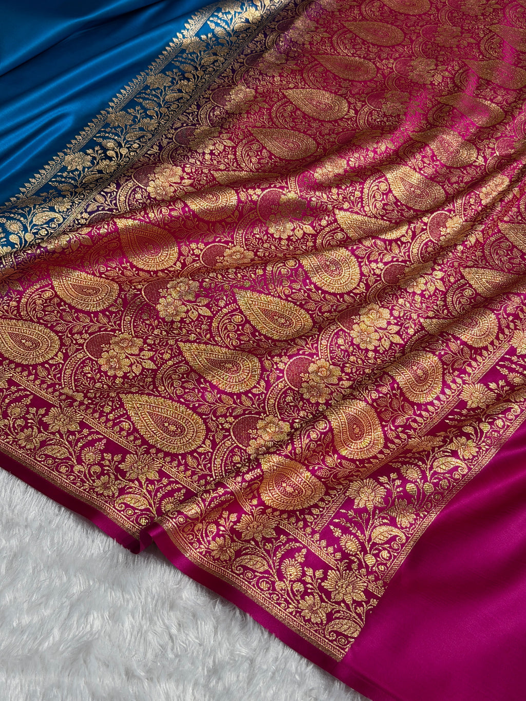 Banarasi Satin Katan Silk Saree Plain Body Pattern in Contrast Firozy with Rani Shades SK05