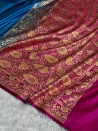 Banarasi Satin Katan Silk Saree Plain Body Pattern in Contrast Firozy with Rani Shades SK05