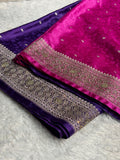 Banarasi Mashru Satin Silk Saree Tanchoi Pattern in Swarovski Work in Ombre Pink and Navy Blue Shades BMSC08