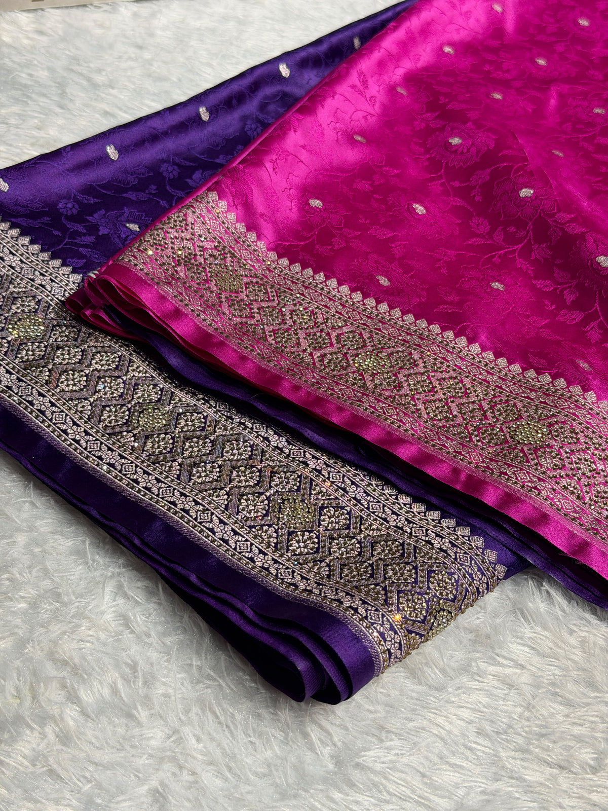 Banarasi Mashru Satin Silk Saree Tanchoi Pattern in Swarovski Work in Ombre Pink and Navy Blue Shades BMSC08