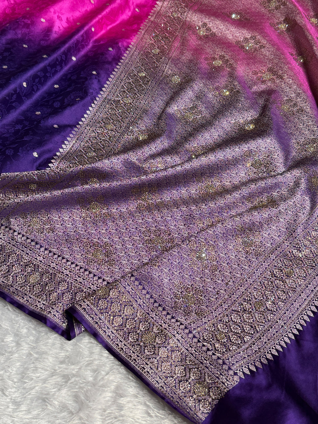 Banarasi Mashru Satin Silk Saree Tanchoi Pattern in Swarovski Work in Ombre Pink and Navy Blue Shades BMSC08