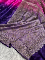 Banarasi Mashru Satin Silk Saree Tanchoi Pattern in Swarovski Work in Ombre Pink and Navy Blue Shades BMSC08