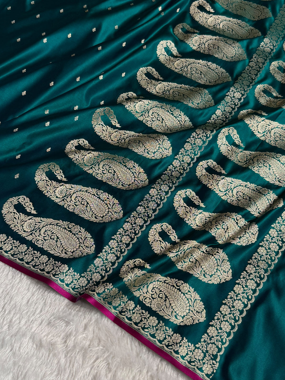 Banarasi Mashru Satin Silk Saree Booti Pattern Dark Peacock Shades MSK31