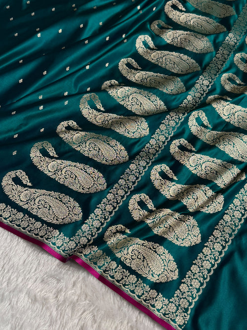 Banarasi Mashru Satin Silk Saree Booti Pattern Dark Peacock Shades MSK31