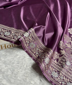 Banarasi Mashru Satin Silk Saree Floral Plain Body Mina Pattern In Royal Purple Shades MSC06