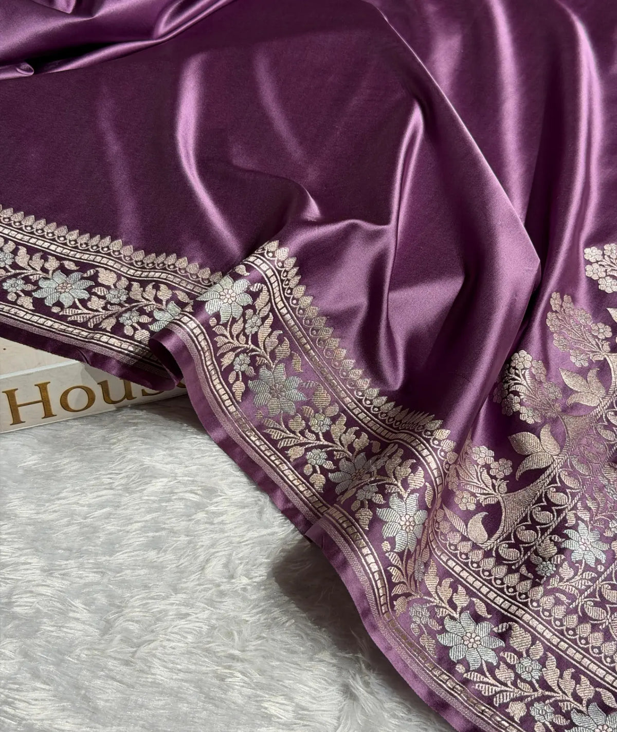 Banarasi Mashru Satin Silk Saree Floral Plain Body Mina Pattern In Royal Purple Shades MSC06