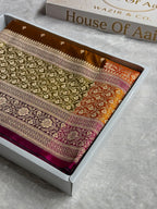 Banarasi Mashru Satin Silk Saree Booti Pattern In Rust with Mustard Rani Skirt Border Shades MSK41