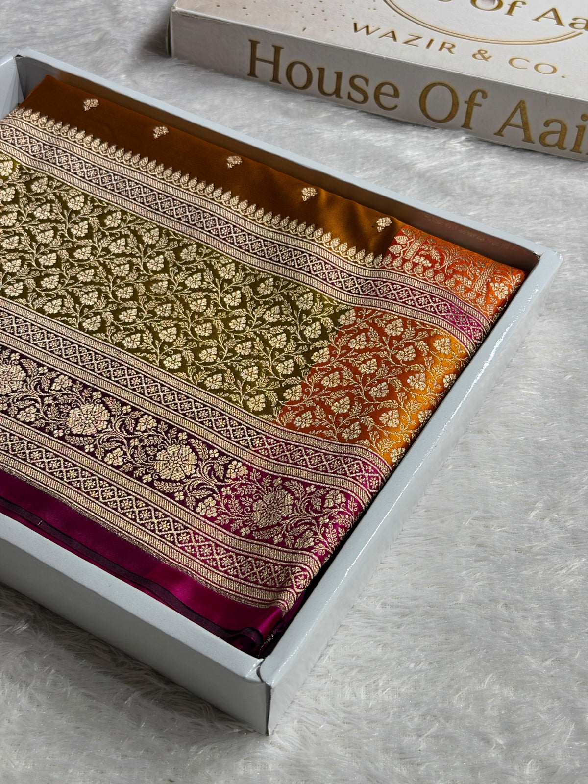 Banarasi Mashru Satin Silk Saree Booti Pattern In Rust with Mustard Rani Skirt Border Shades MSK41