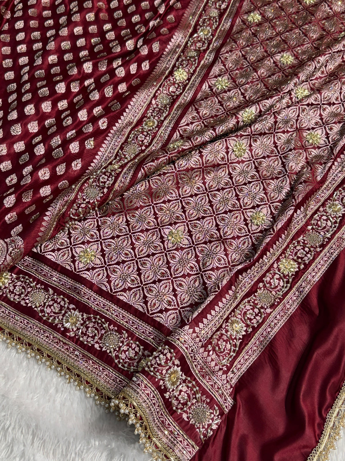 Bridal Banarasi Mashru Satin Silk Saree with Ari Pearl Work & Gotta Patti Work Booti Pattern in Chocolate Shades BMSKGP09