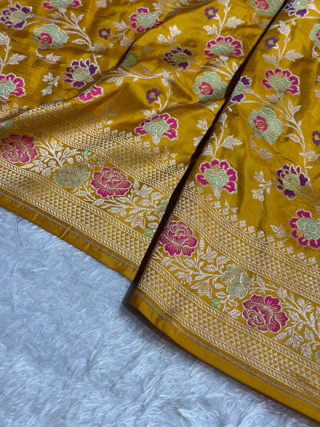 Banarasi Pure Katan Silk Saree with Minakari Jaal Pattern in Mustard Gold Shades Shades PKM04