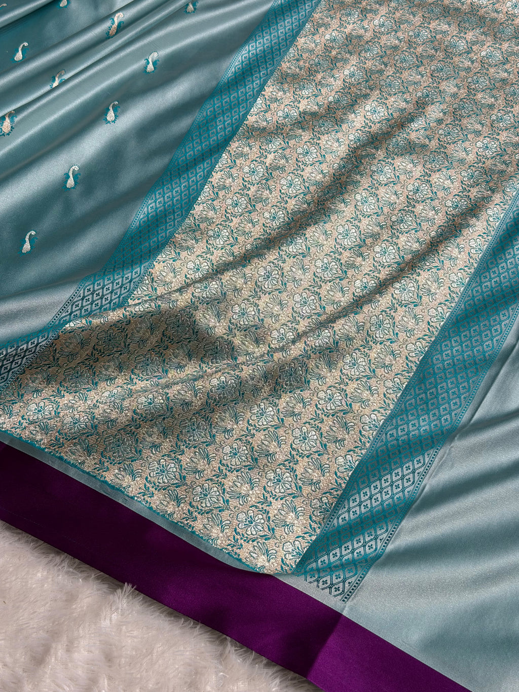 Banarasi Mashru Satin Silk Saree Booti Pattern In Turquoise Shades MSK42