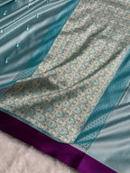 Banarasi Mashru Satin Silk Saree Booti Pattern In Turquoise Shades MSK42