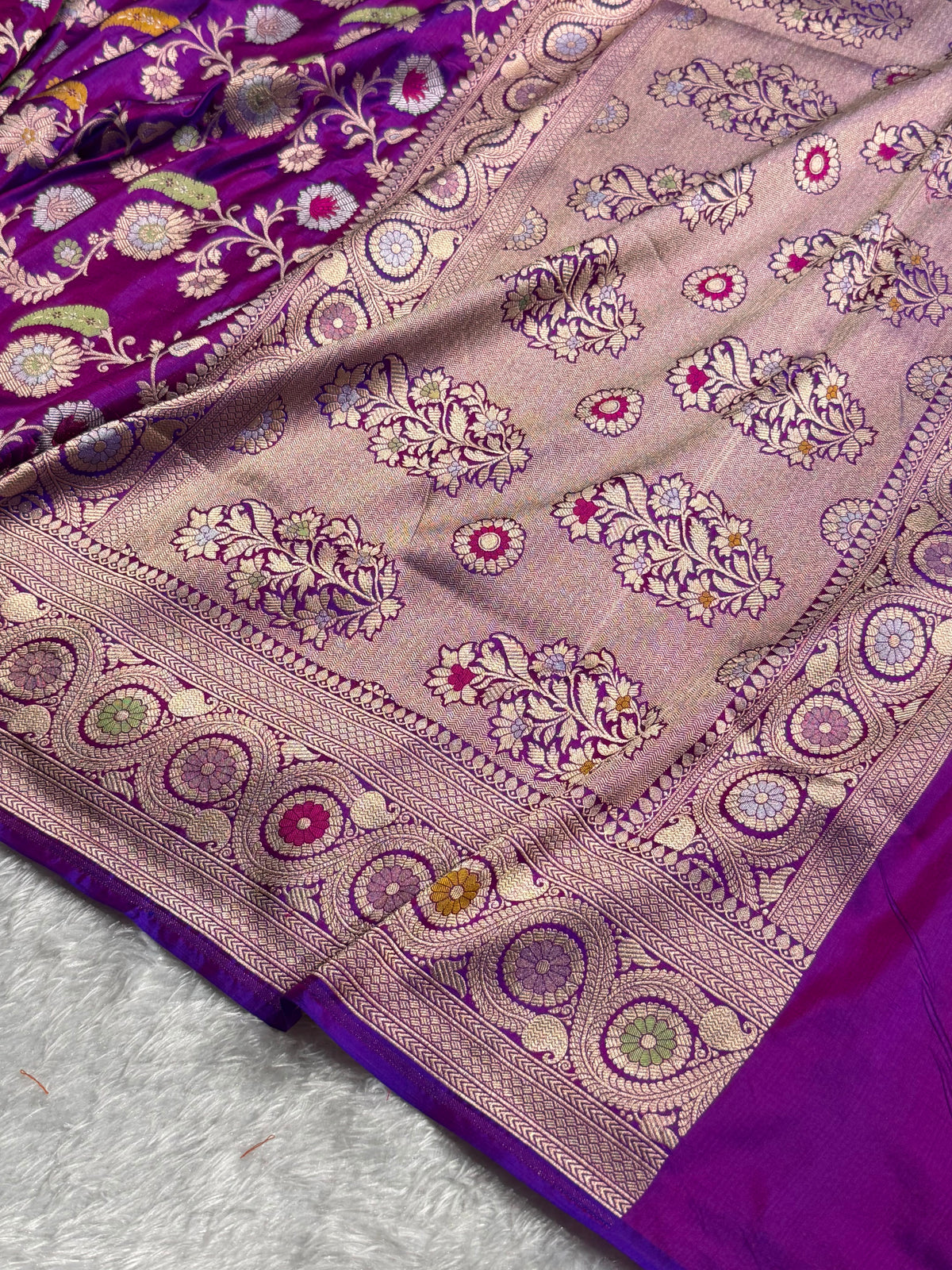 Banarasi Pure Katan Silk Saree with Minakari Jaal Pattern in Cross Purple Shades Shades PKM03