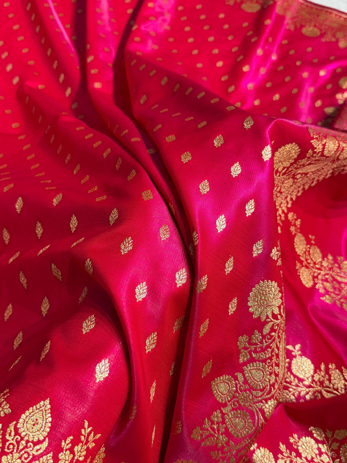 Banarasi Satin Silk Saree Booti Pattern in Cross Rani Shades SS10