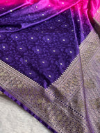 Banarasi Mashru Satin Silk Saree Tanchoi Pattern in Swarovski Work in Ombre Pink and Navy Blue Shades BMSC08