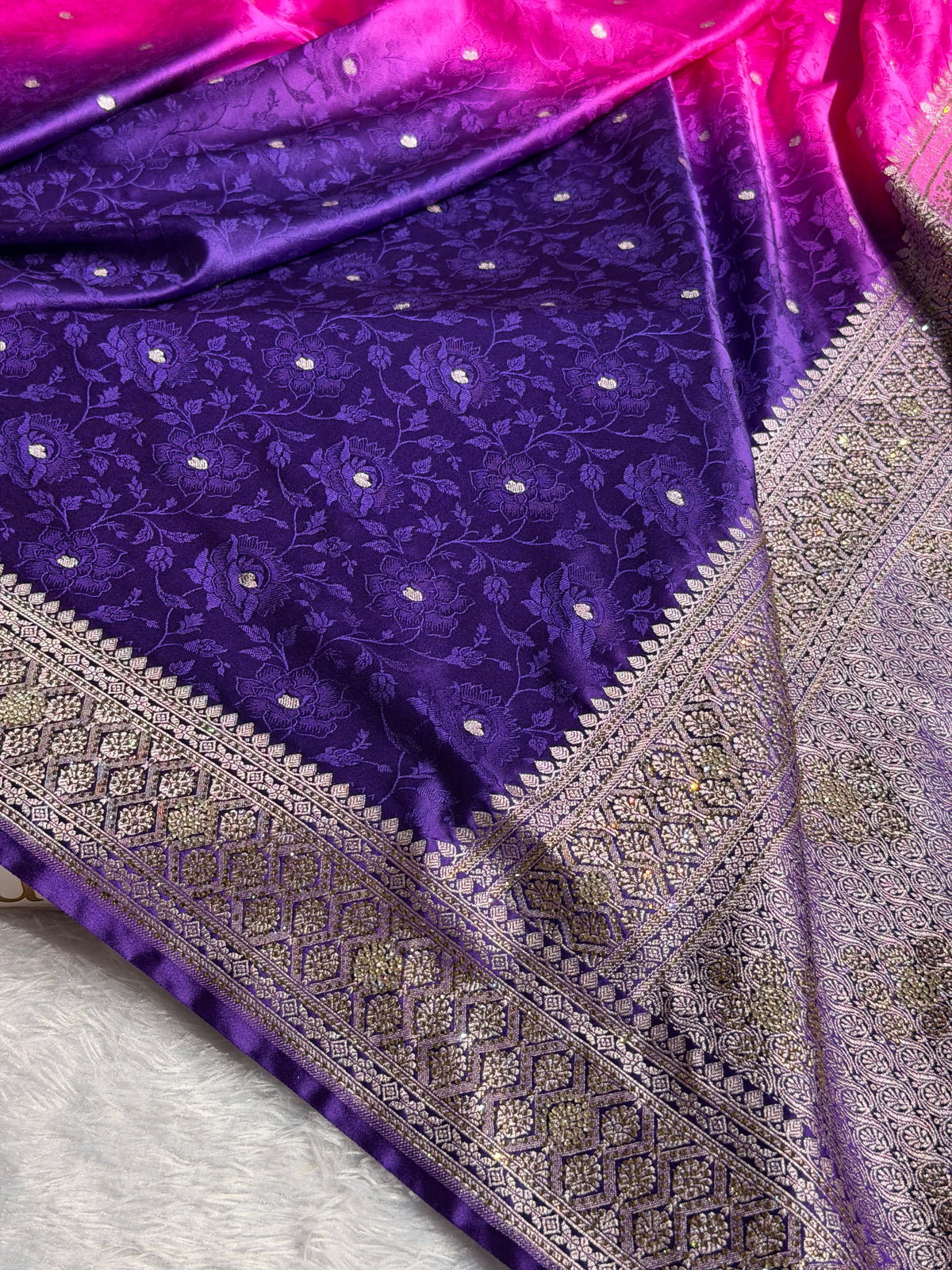 Banarasi Mashru Satin Silk Saree Tanchoi Pattern in Swarovski Work in Ombre Pink and Navy Blue Shades BMSC08